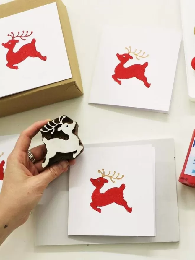 Leaping Reindeer Christmas Cards- Indian Block Printing Kit