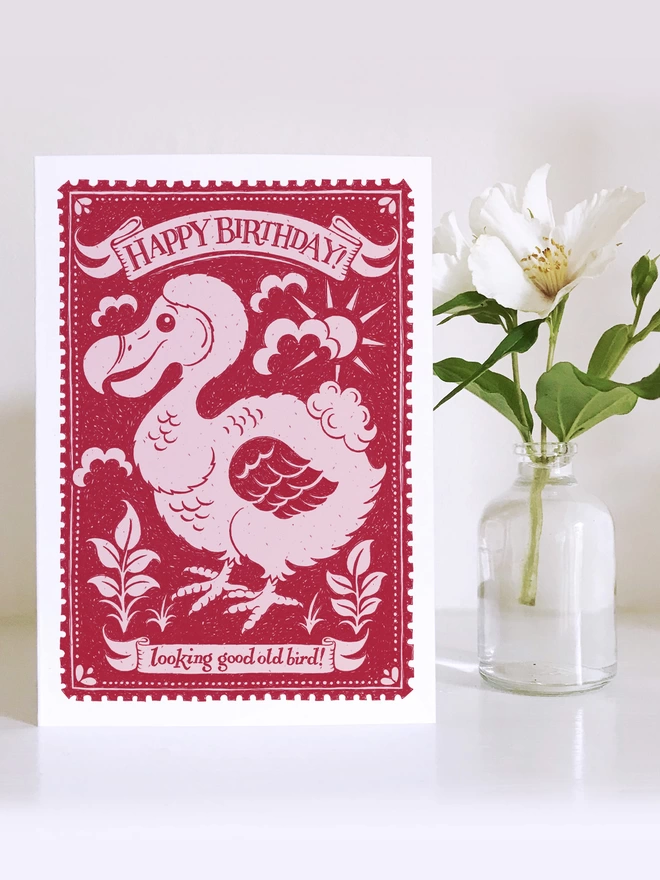 pink dodo old bird birthday card with white flower in small vase