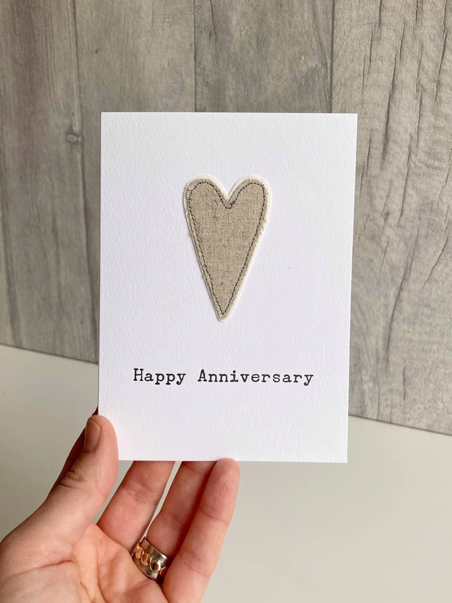Embroidered Linen heart Anniversary card