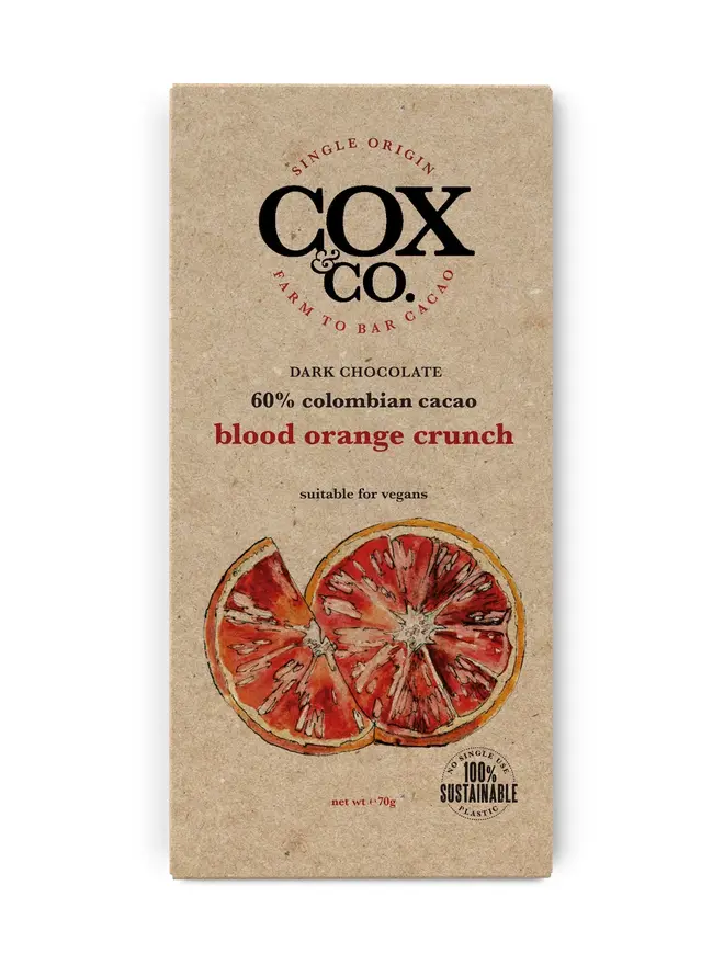 60% Blood Orange Crunch Chocolate Bar (Set Of 1, 2 Or 3), a chocolate bar sitting on a white surface. 