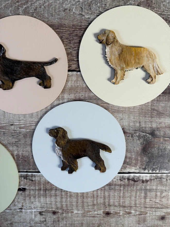 Hand - painted Working Cocker Spaniel Dog portait  - chocolate brown dog on pale blue background