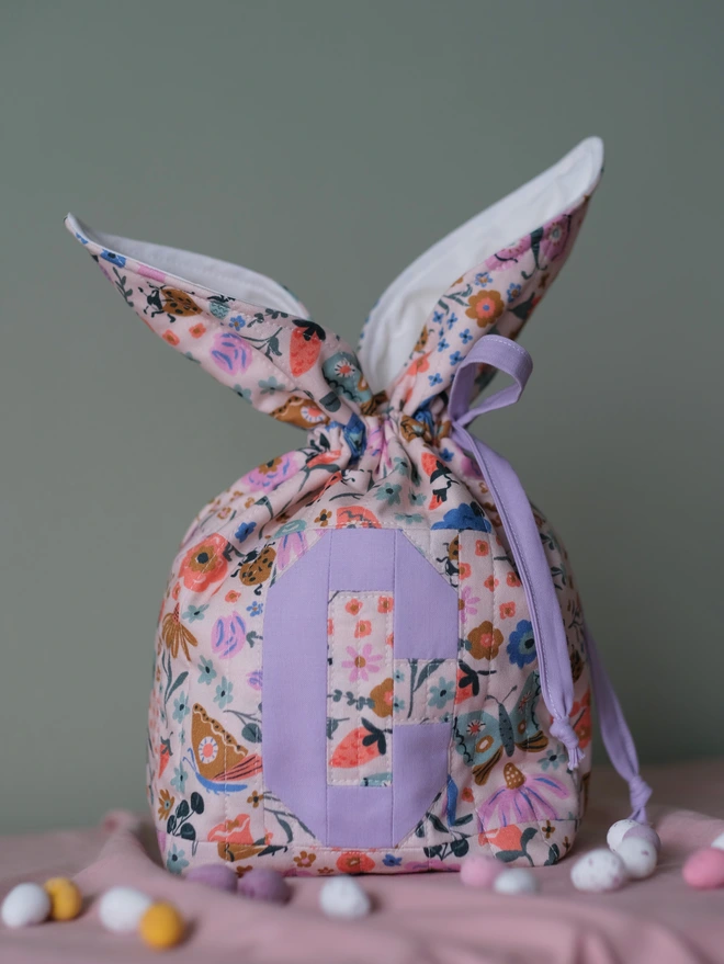 Cooper and Fred personalised Easter bag in butterfly garden print with lilac letter