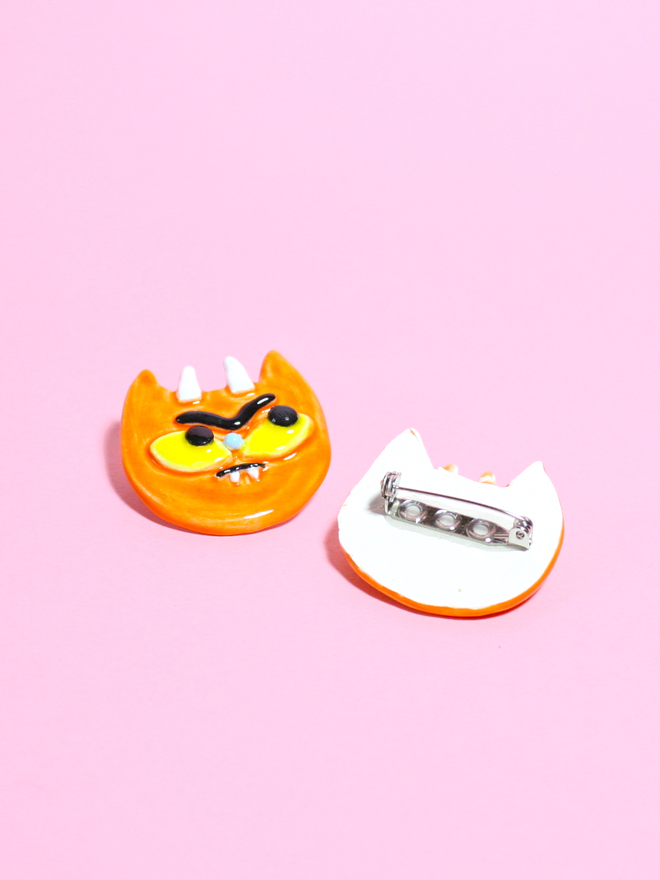 Cheeky Decorative Orange Ceramic Devil Cat Brooch with silver clasp