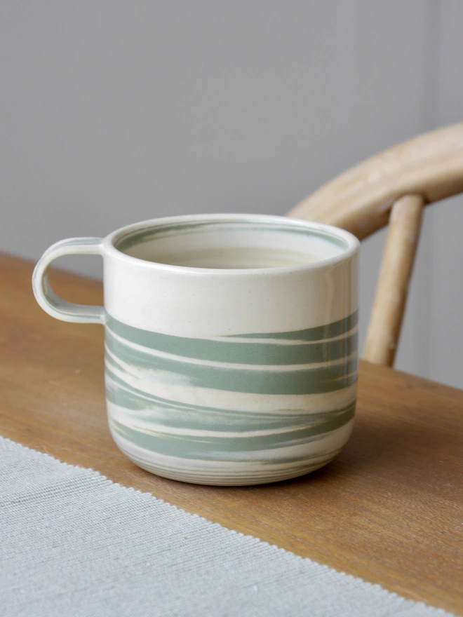 Large handmade green and white marble mug