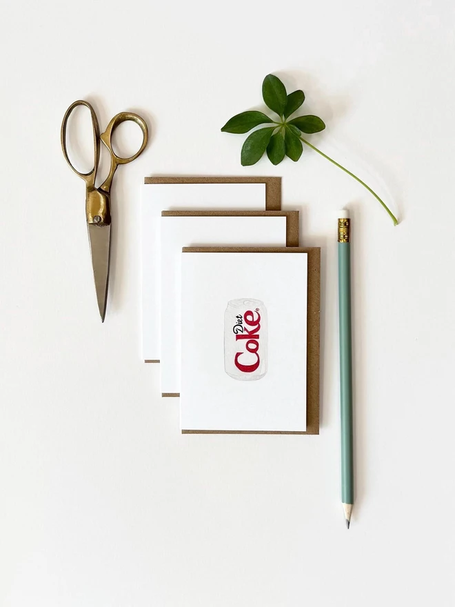 diet coke can illustrated mini cards (pack of 3). card set photographed against plain white backdrop.