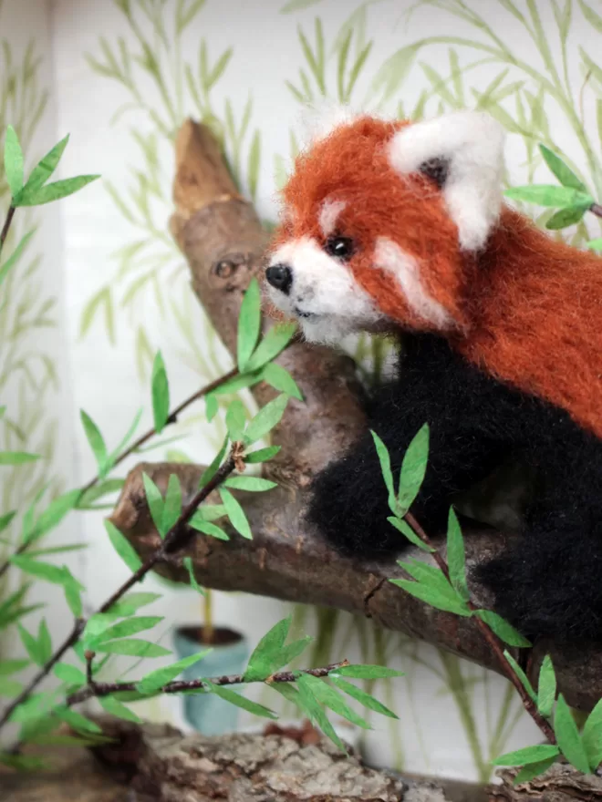 Close-up of a needle-felted red panda