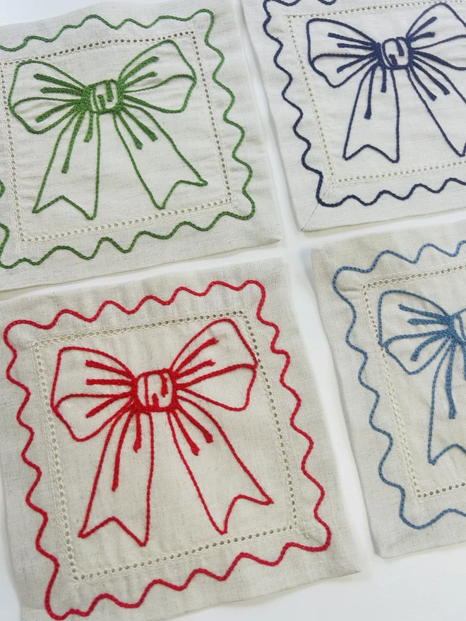 Individual Embroidered Bow Coasters 