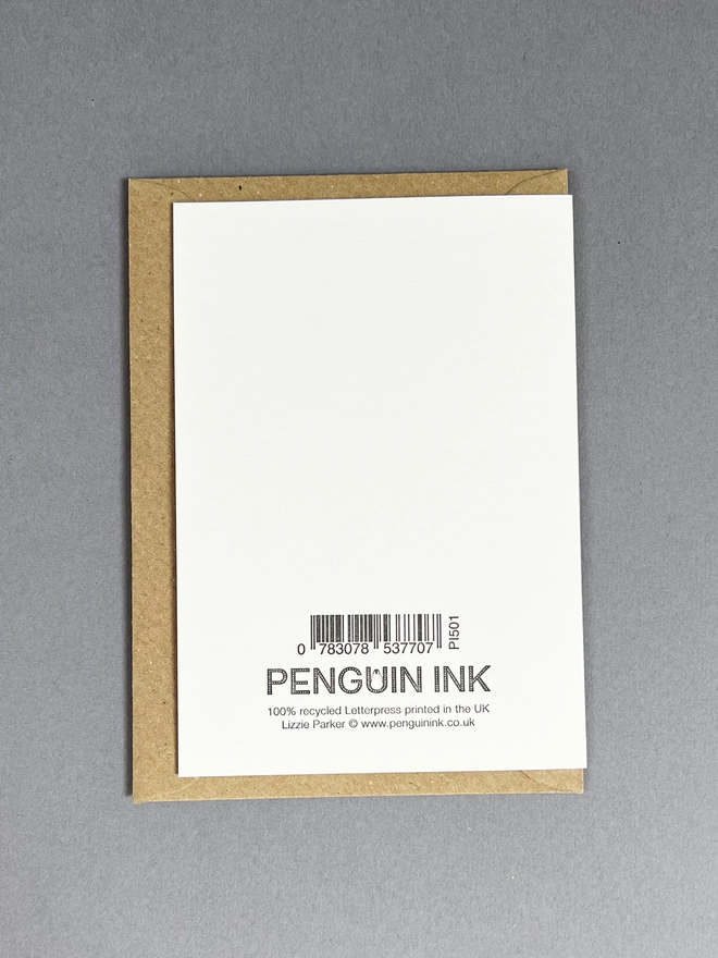 Back of the number one medium sized card showing the letterpress printed barcode and Penguin Ink logo