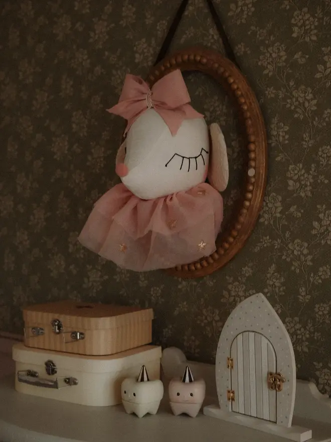 Handmade ballerina mouse wall decor for a girls’ nursery Mouse head wall hanging for baby room and nursery decoration
