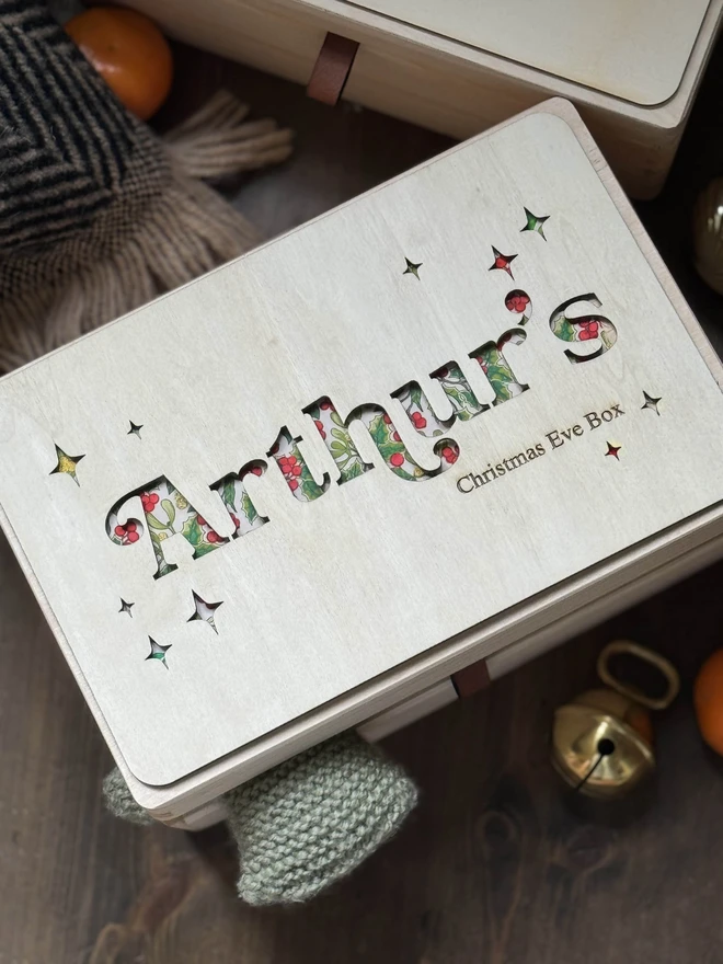 Christmas Eve Name Box with liberty fabric and starry design