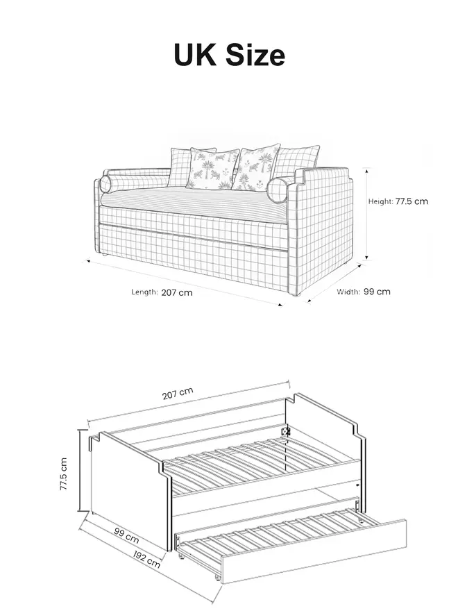  'the posie' pink gingham upholstered children's bed. a line drawing of a children's sofa-style trundle bed to show dimensions.