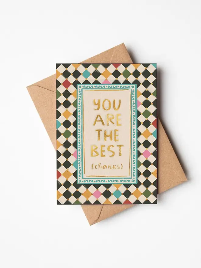 'You Are The Best (Thanks)' checkerboard greeting card on a white background. 