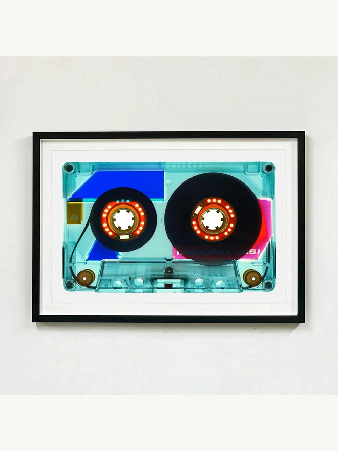 Blue Cassette Tape Pop Art Print framed in black