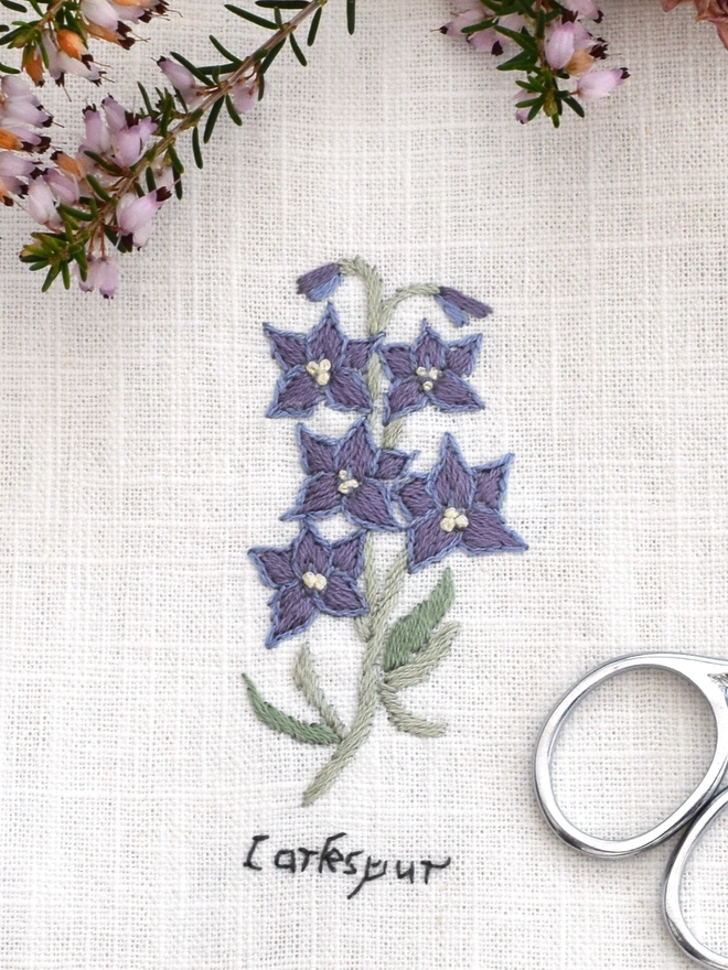Floral Botanical embroidery kit of a purple blue Larkspur or Delphinium a symbol for July.  Meaning Transcend the bounds of space and time, Lightness, Open heart, Heavenly and Romanticism.