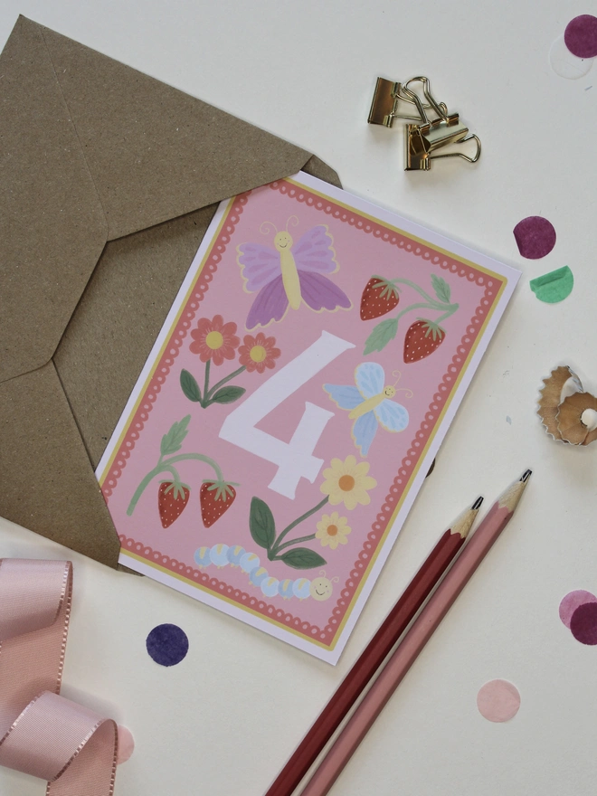 pink 4th birthday card with butterfly and floral illustrations 