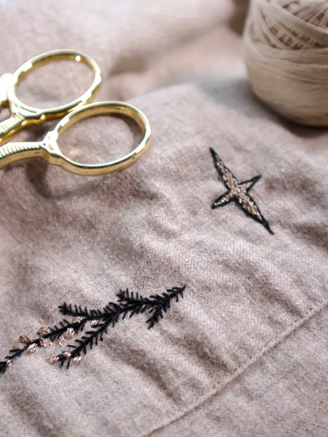 Close up of hand embroidery from the Dark Academia stick and stitch embroidery transfers set by Tired Starling Studio