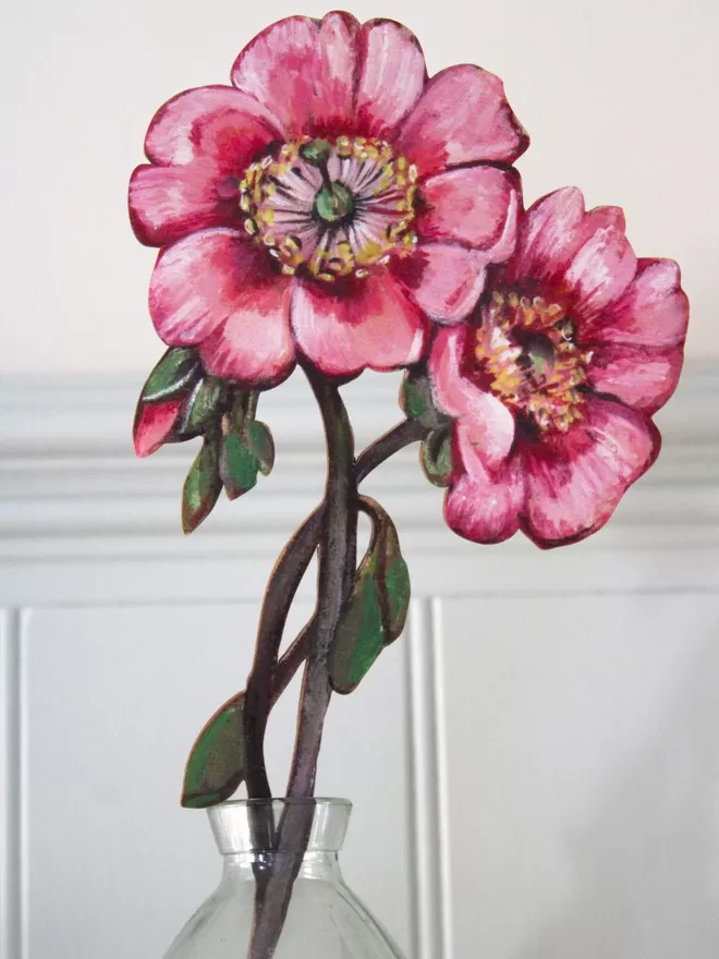 Wooden Double Peony Stem, displayed in a vase