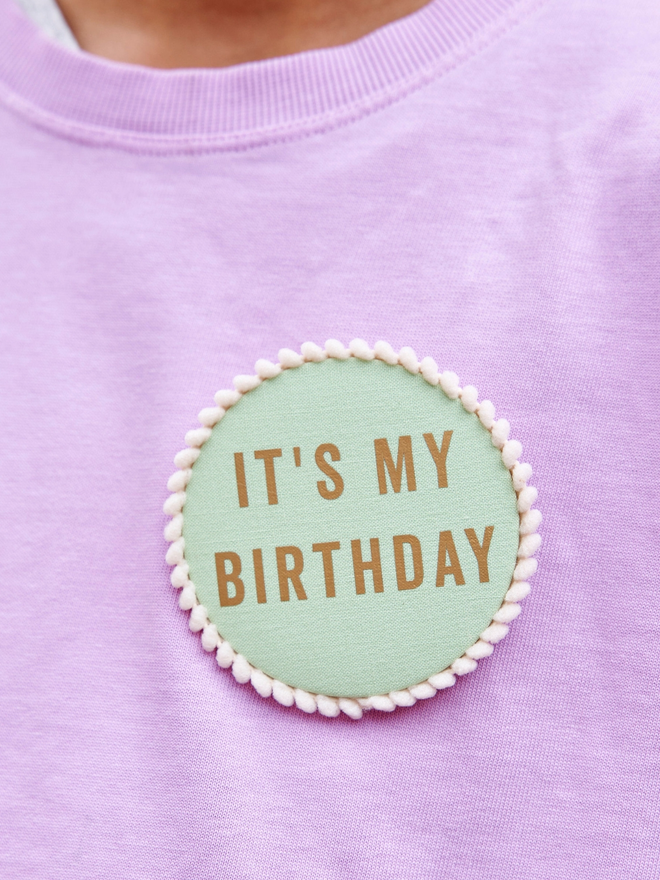 Pastel colour It's My Birthday Badges with pom pom trim