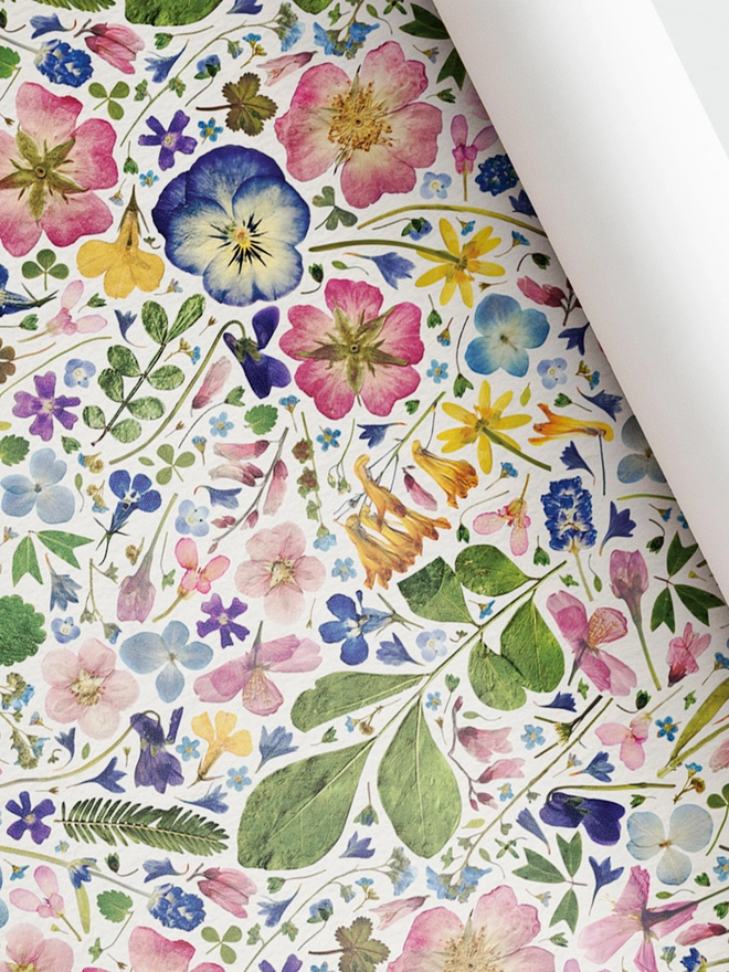Close-up of colourful wrapping paper with a pressed flower design.