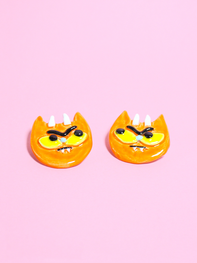 Cheeky Decorative Orange Ceramic Devil Cat Brooch with silver clasp