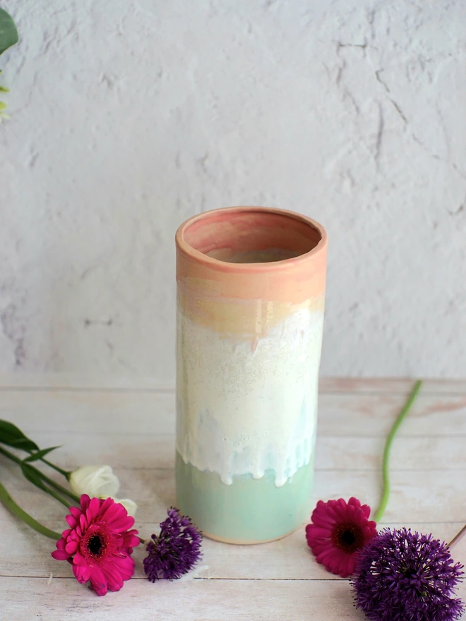 large green and pink vase, tall vase, ceramic large vase, vase gift, flower vase, flower gift, gift for flower lovers, Floral gift, blue vase, Jenny Hopps Pottery