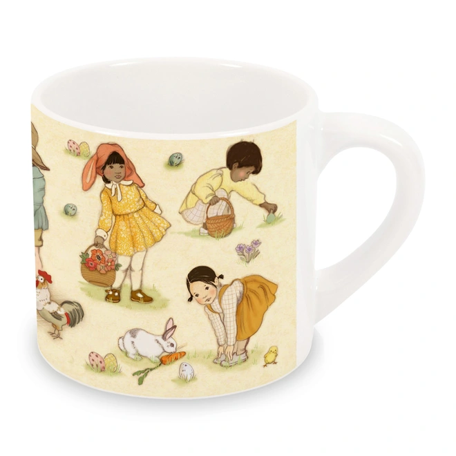 an easter mug childs size featuring a traditional illustration of children and easter animals