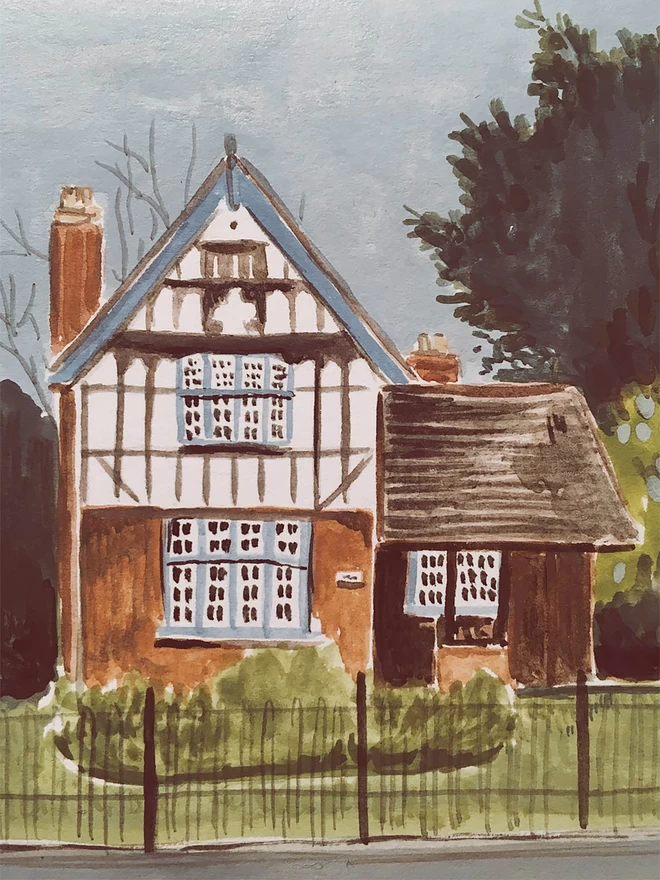 A watercolour illustration, featuring a mock tudor red brick building with blue fascia and blue wooden window surrounds. The building is surrounded by trees and shrubbery. With a fine black metal fence in front.