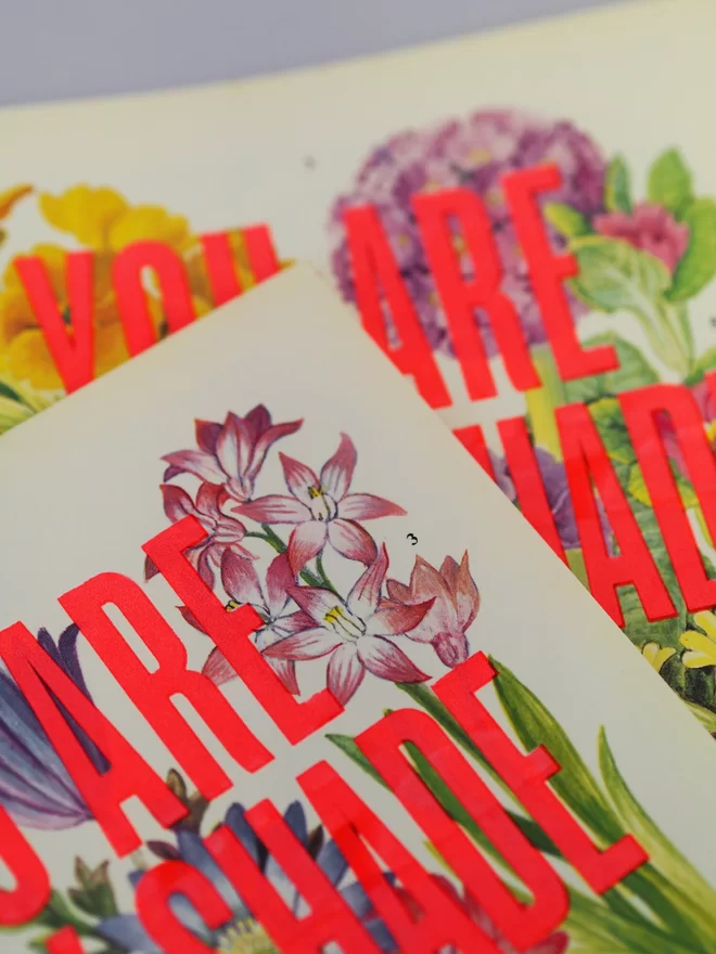 Close up of screen printed typography over original vintage floral book pages.