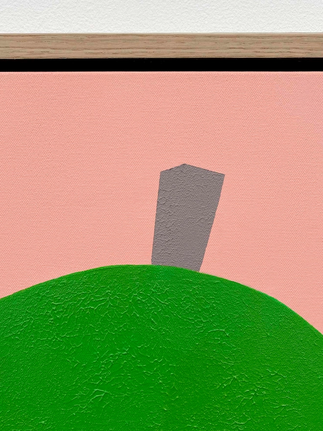 Close up detail of a painting of a giant green pear on pink background