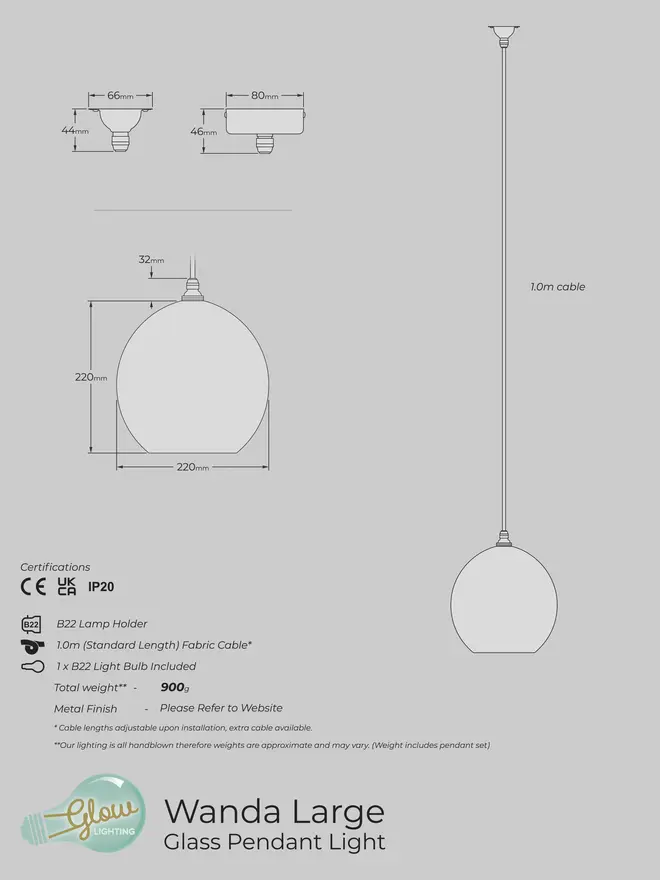 Medium Wanda Pendant Light Specification Sheet. 