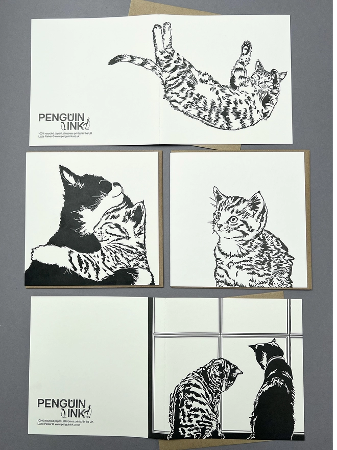 All four Letterpress printed cat big cards including Time to stretch, Cuddle time, Time for tea and window time