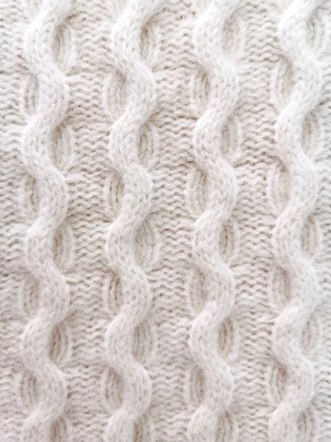 A close up of the cream cable knit pattern on Dolly's coat.