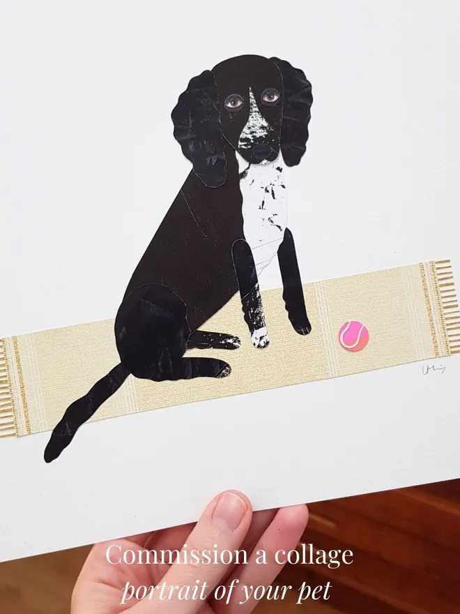 Commission a collage portrait bespoke of your pet. Black and white spaniel example