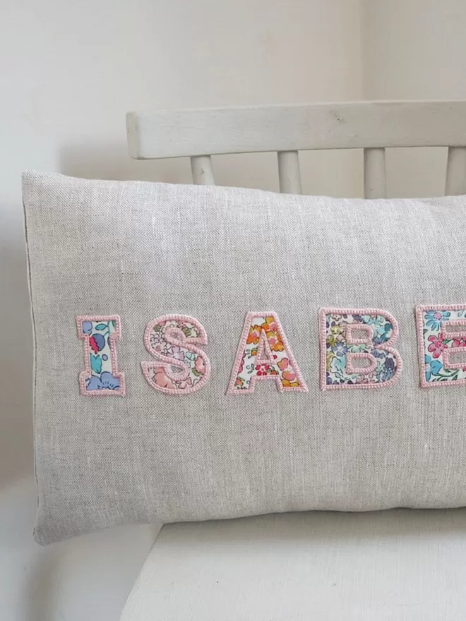 Personalised Linen Cushion with names on in a floral fabric