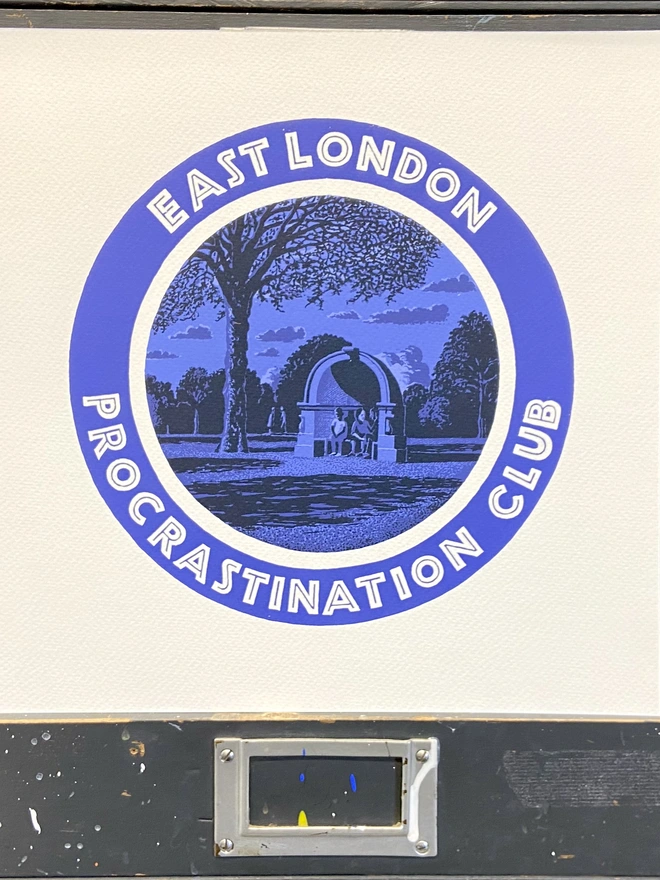 east london procrastination club blue monochrome screenprint