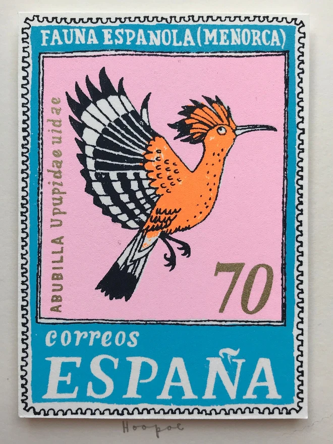 Bird Stamp Card Spain/ Hoopoe Card, a white card with a bird design in the middle against a white background. 