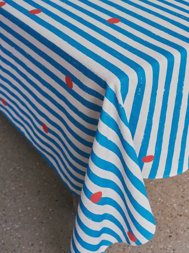 Blue stripe and red dot tablecloth 