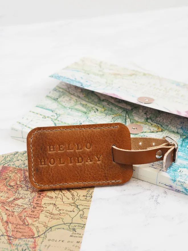 hand dyed tan brown leather luggage tag