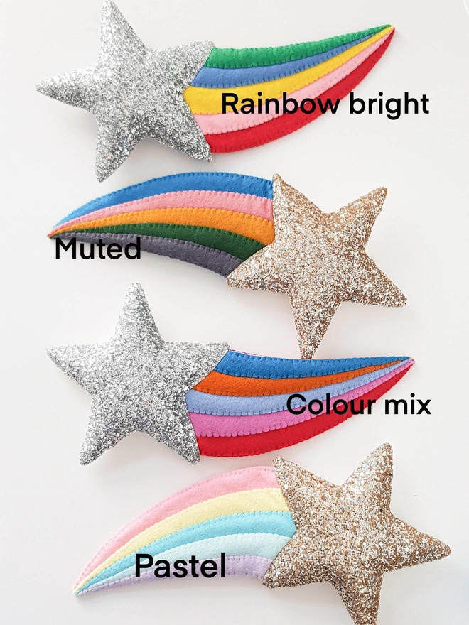 Four glitter shooting stars in various colours with the words rainbow bright, muted, colour mix and pastel
