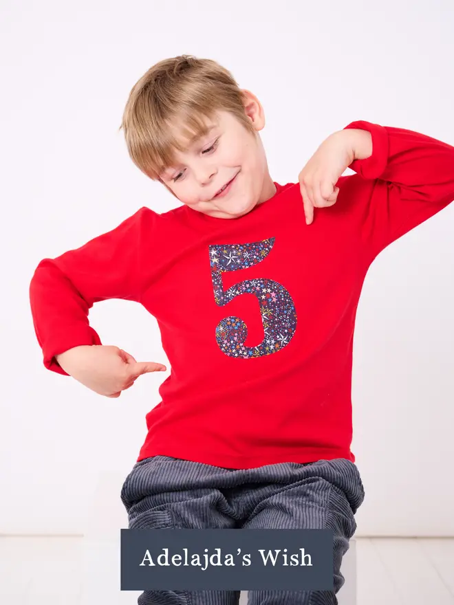 a 5 year old boy wearing a red long sleeve cotton t-shirt appliquéd with a 5 in Liberty print featuring stars