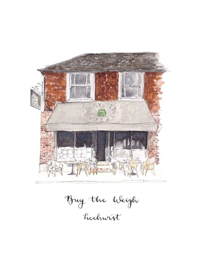 Watercolour painting of Buy the Weigh, zero wase shop in Ticehurst, a beautiful brick building with a teracotta tile on the first floor, white sash windows and a grey awning. The watercolour style is painted with a black pen outline and organic loose style with small details. 