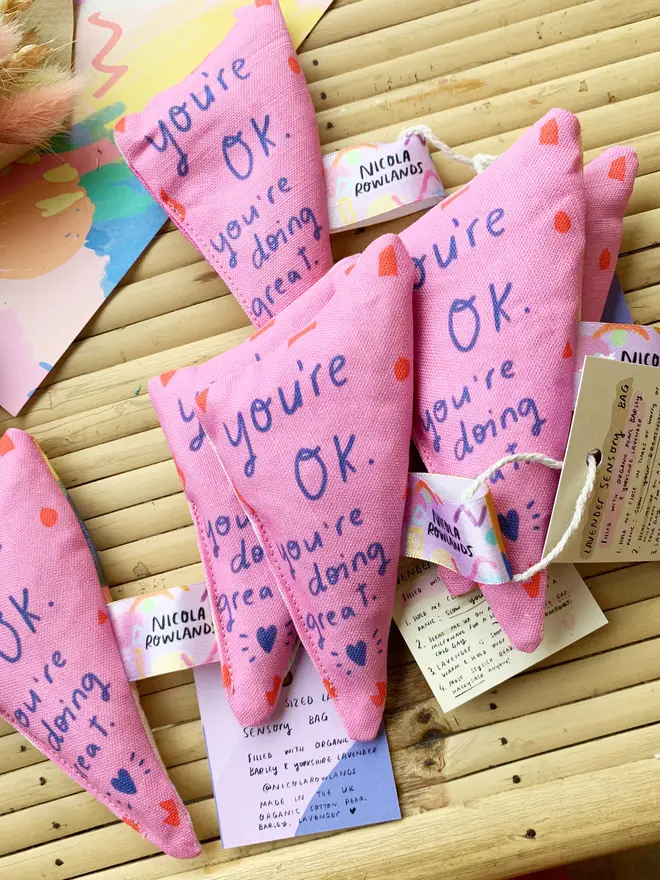 Purple sensory bag reads 'You're OK. You're doing great.'