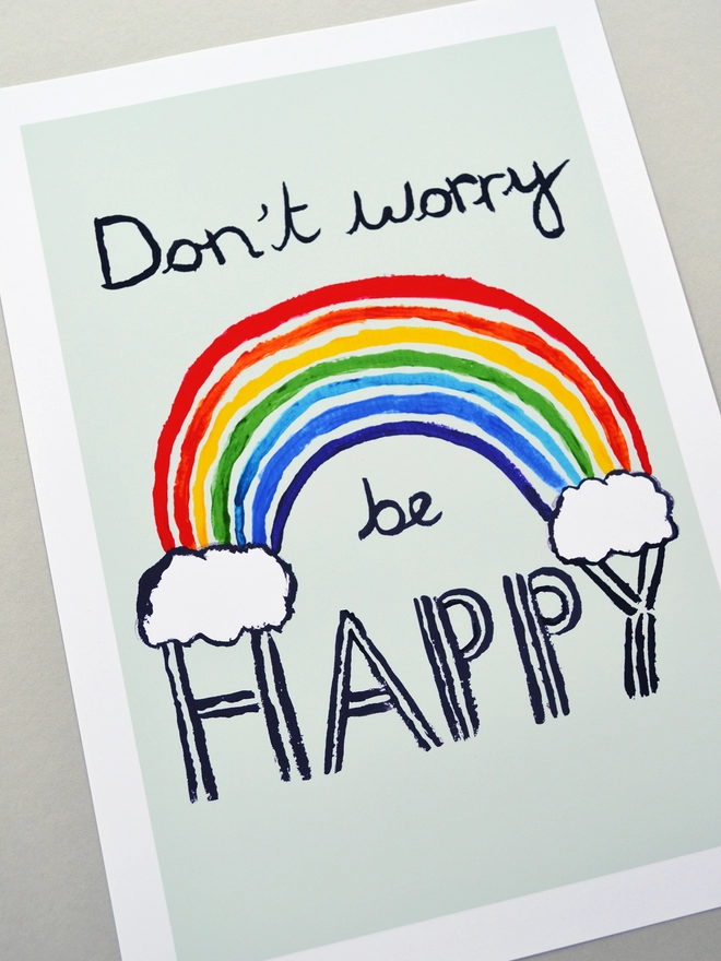 Close up of an art print saying ' Don't worry be happy'