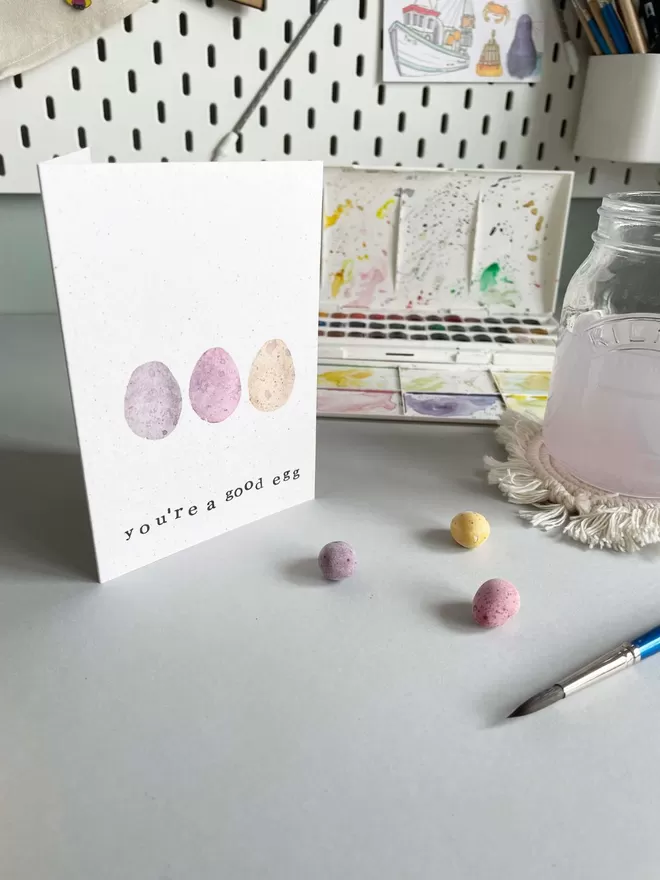 'You're A Good Egg' Card with paints and speckled eggs