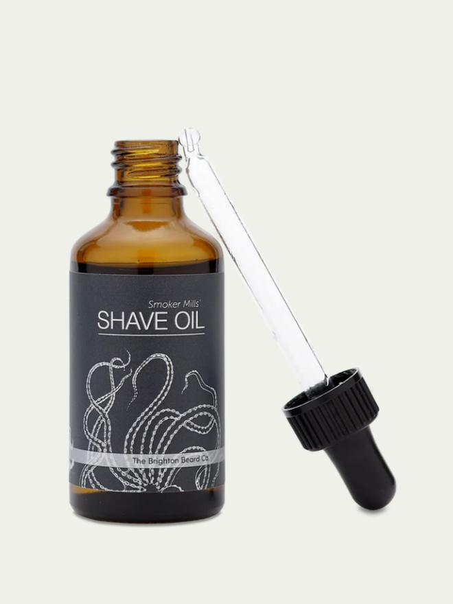 Smoker Mills Shave Oil. A bottle of shave oil.
