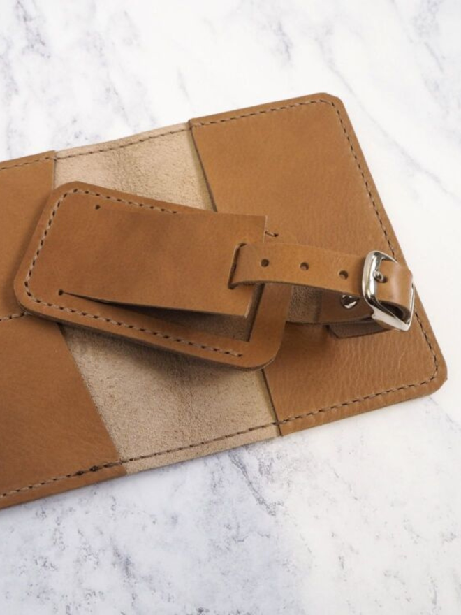 handmade leather personalised passport holder and luggage tag