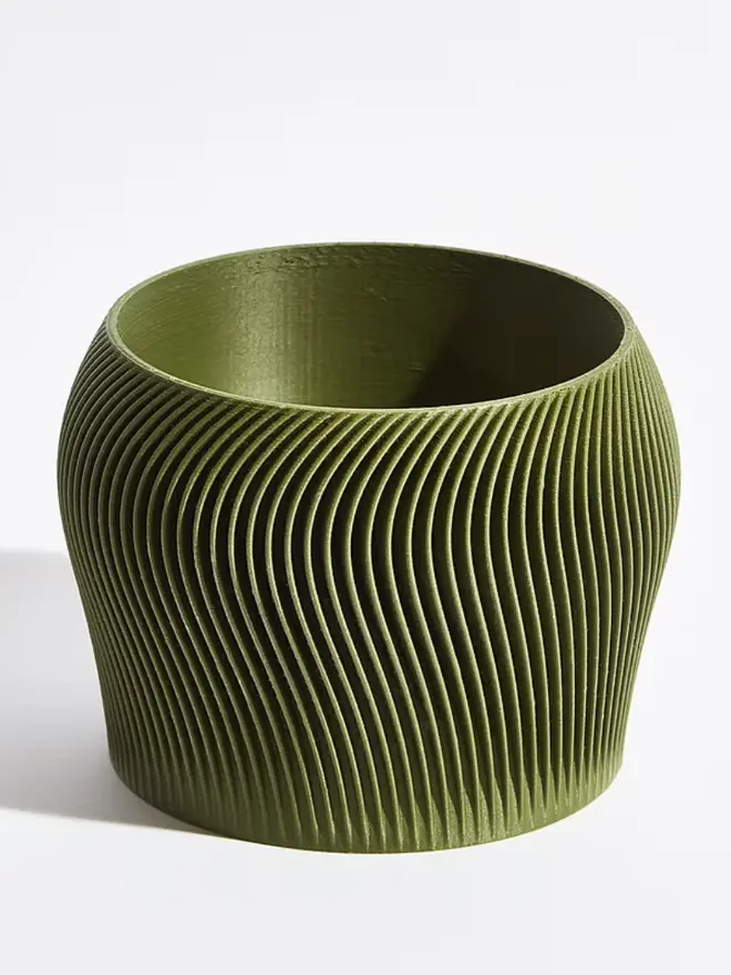 Sustainable 3D Printed Forest Green Plant Pot, orbital  design against a white background. 