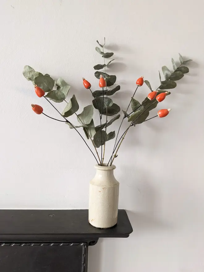 Ceramic Rosehip Flowers (Set Of 2 Stems 4 Berries)