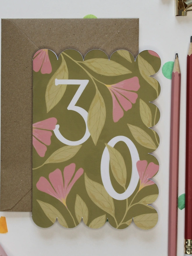floral 30th birthday card with scalloped edge