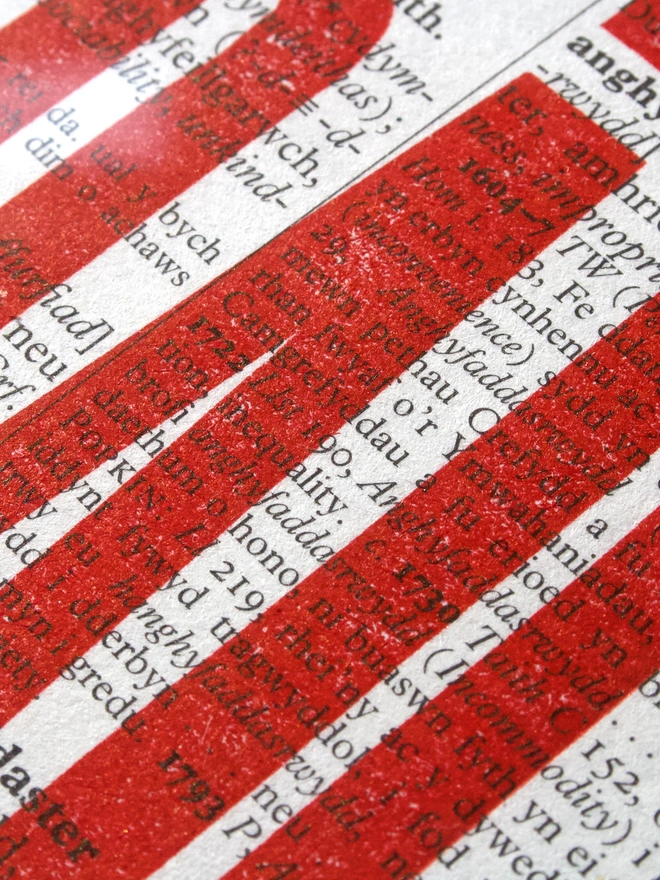 Welsh letterpress poster printed on dictionary paper
